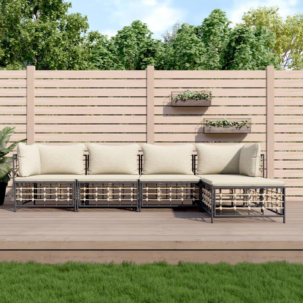 vidaXL 5-tlg. Garten-Lounge-Set mit Kissen Anthrazit Poly Rattan