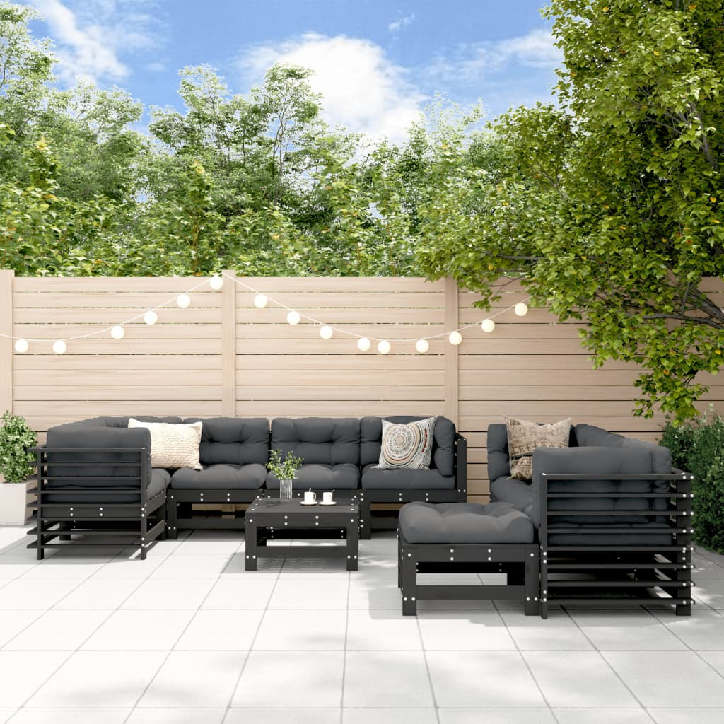 vidaXL 10-tlg. Garten-Lounge-Set mit Kissen Schwarz Massivholz
