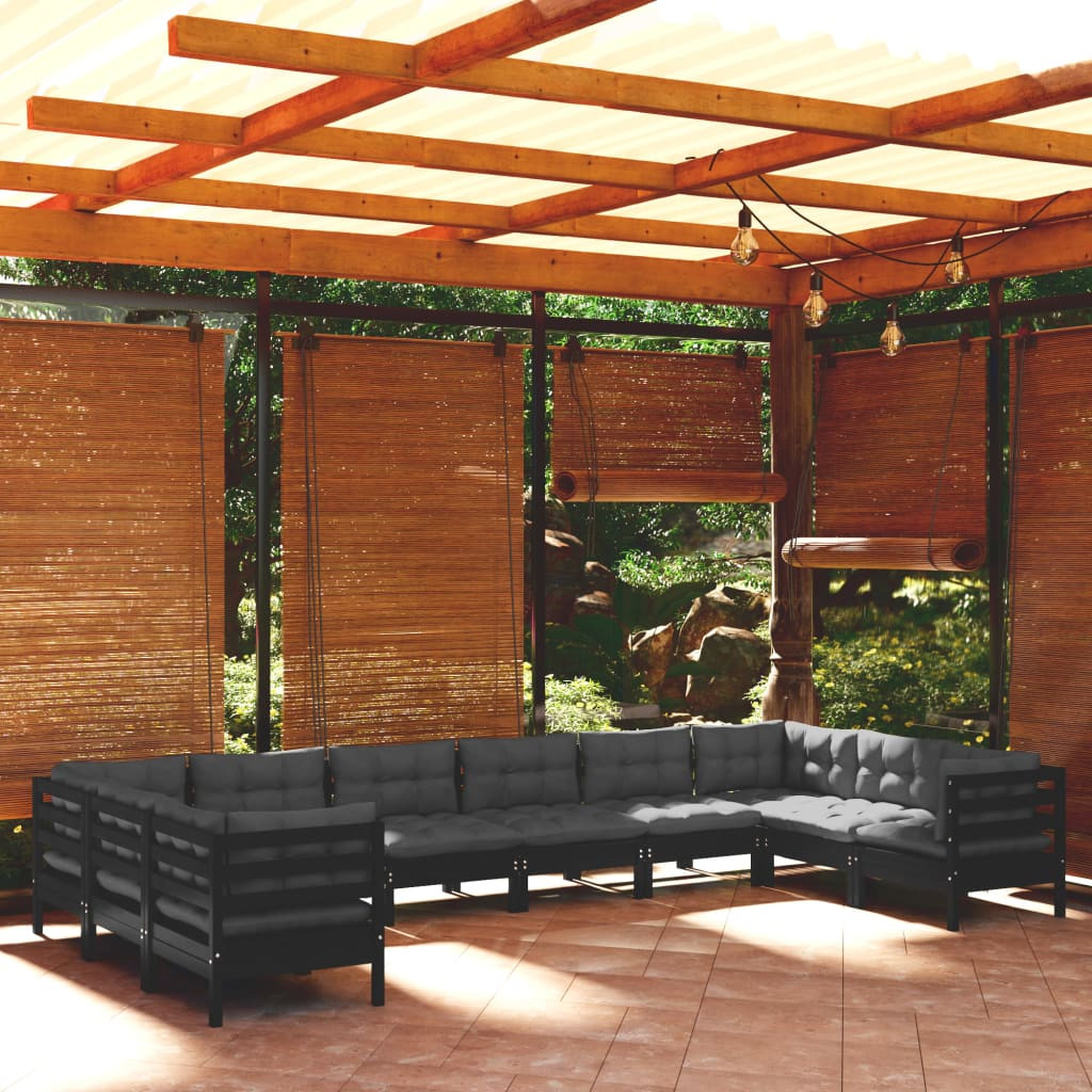 vidaXL 10-tlg. Garten-Lounge-Set mit Kissen Schwarz Kiefernholz