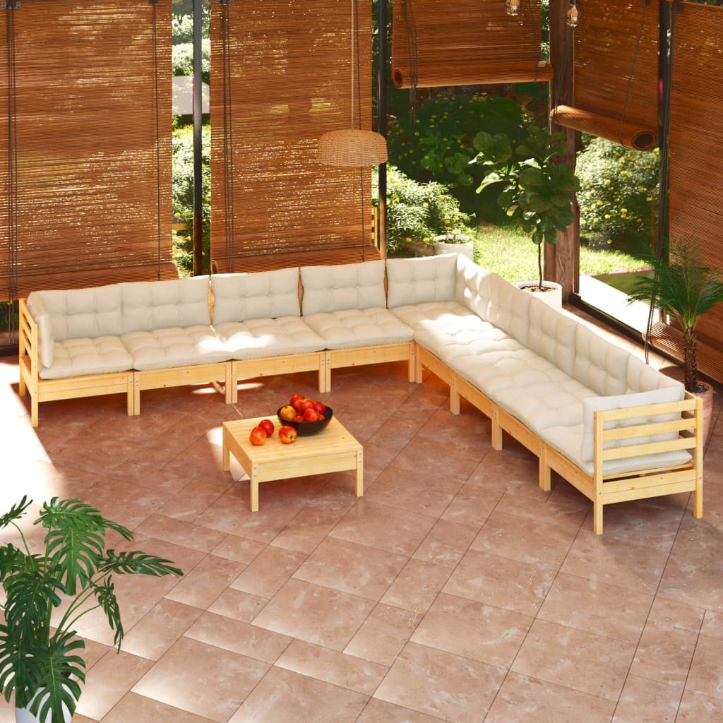 vidaXL 10-tlg. Garten-Lounge-Set mit Creme Kissen Massivholz Kiefer
