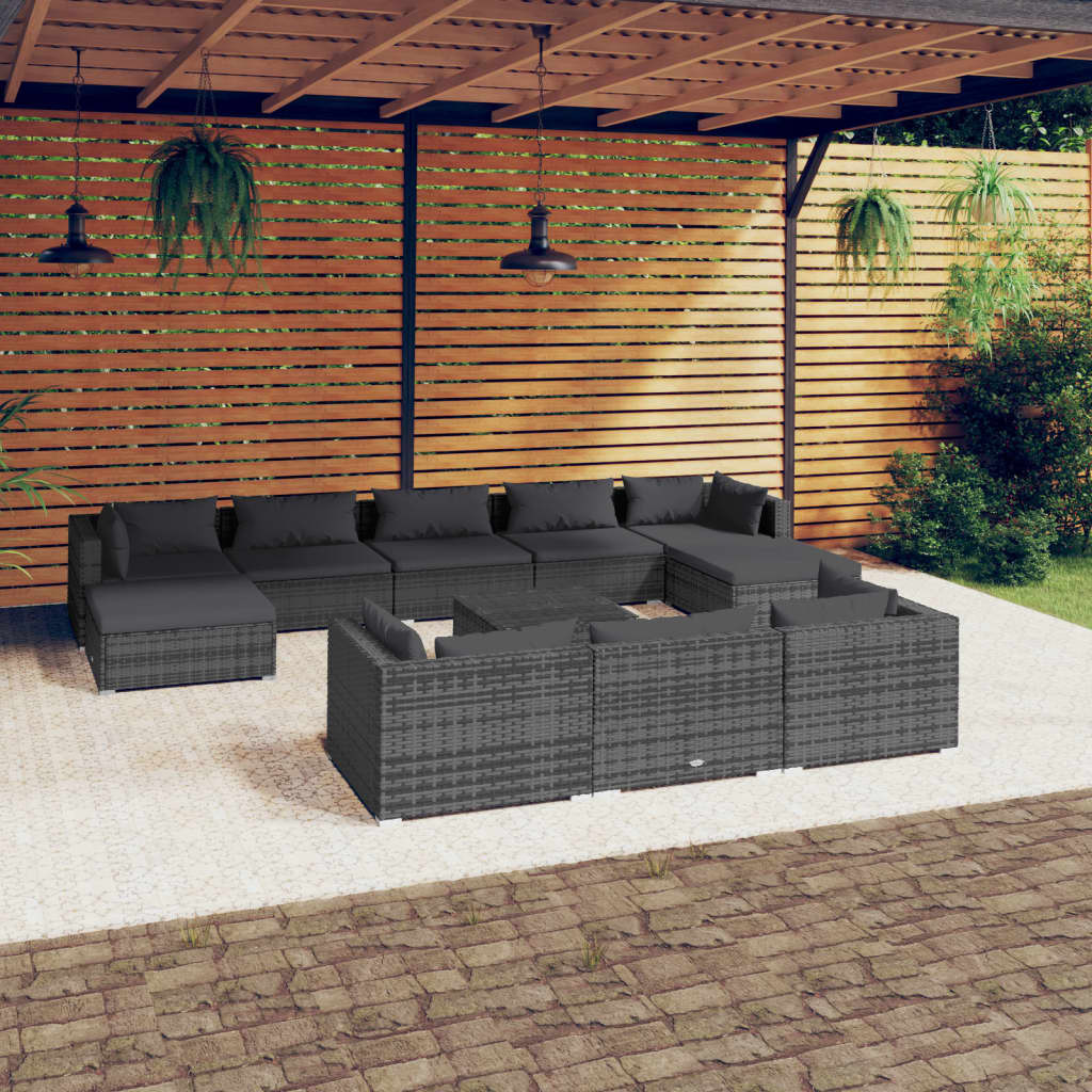 vidaXL 11-tlg. Garten-Lounge-Set mit Kissen Grau Poly Rattan