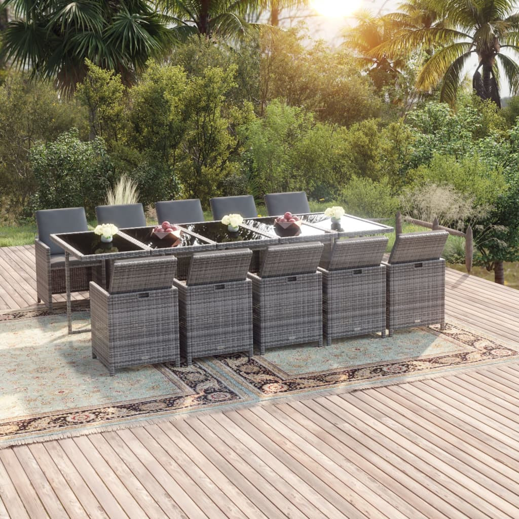 vidaXL 11-tlg. Garten-Essgruppe mit Kissen Poly Rattan Grau