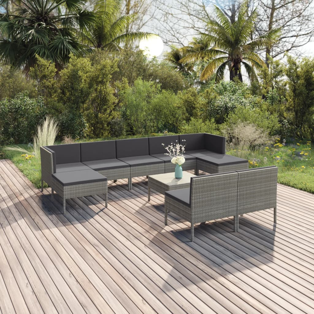 vidaXL 10-tlg. Garten-Lounge-Set mit Auflagen Poly Rattan Grau