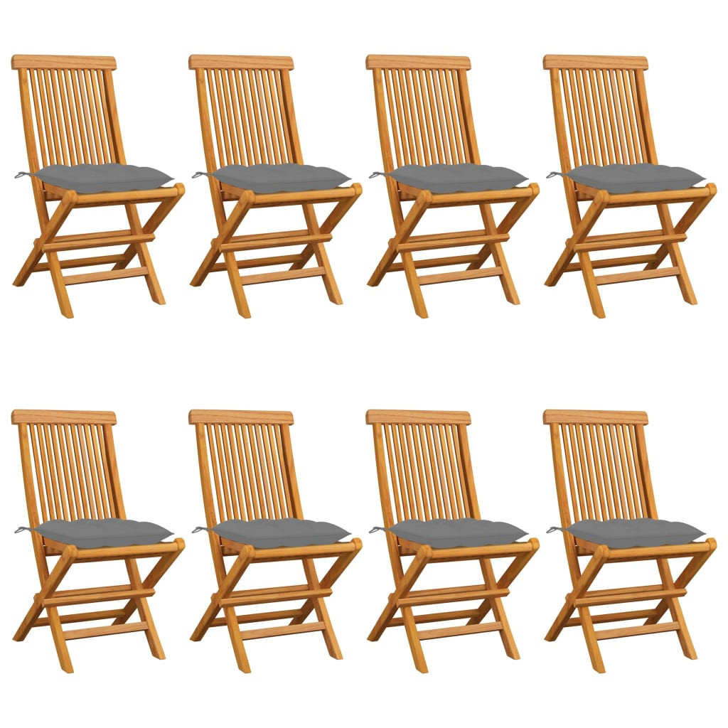 vidaXL Gartenstühle mit Grauen Kissen 8 Stk. Massivholz Teak