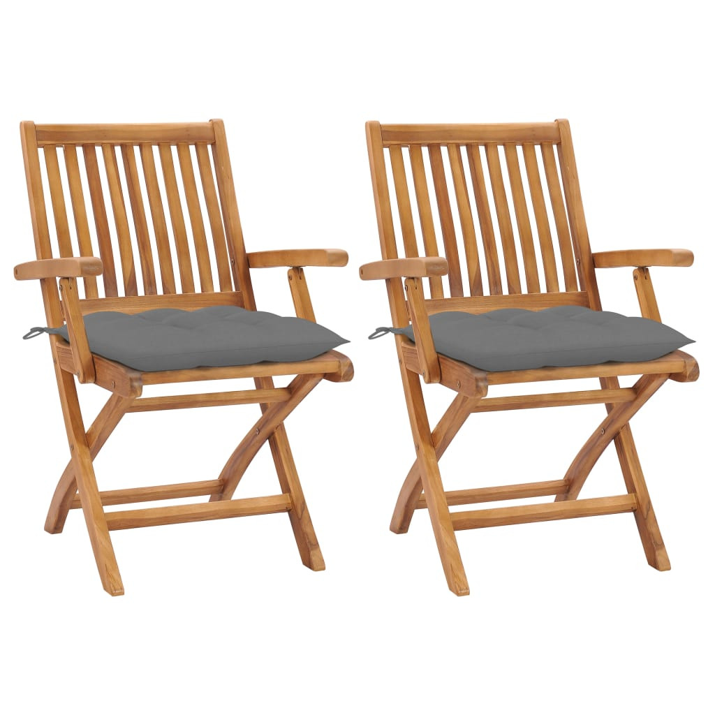 vidaXL Gartenstühle 2 Stk. mit Grauen Kissen Massivholz Teak