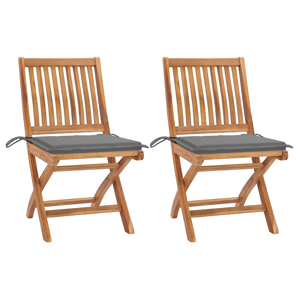 vidaXL Gartenstühle 2 Stk. mit Grauen Kissen Teak Massivholz