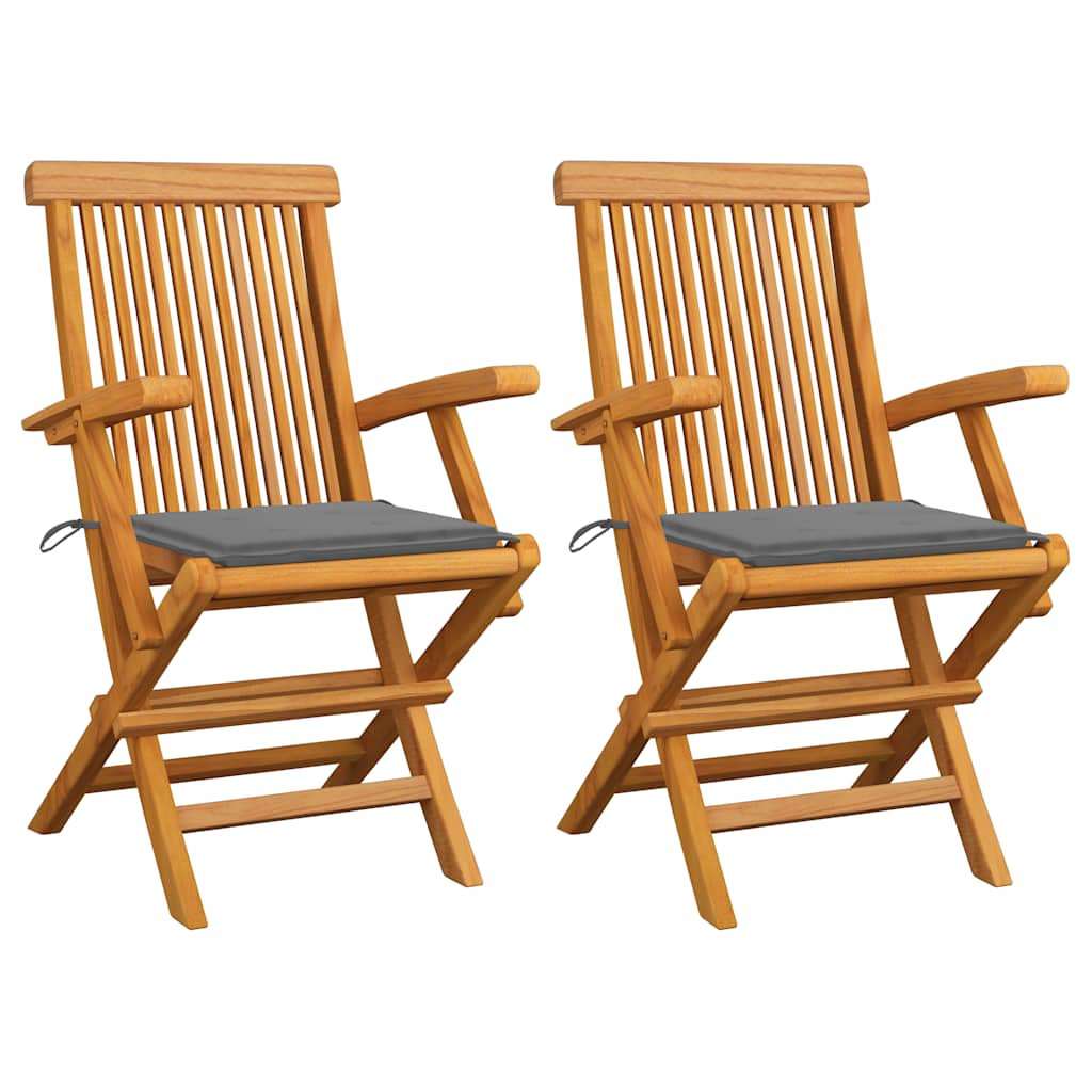 vidaXL Gartenstühle mit Grauen Kissen 2 Stk. Massivholz Teak