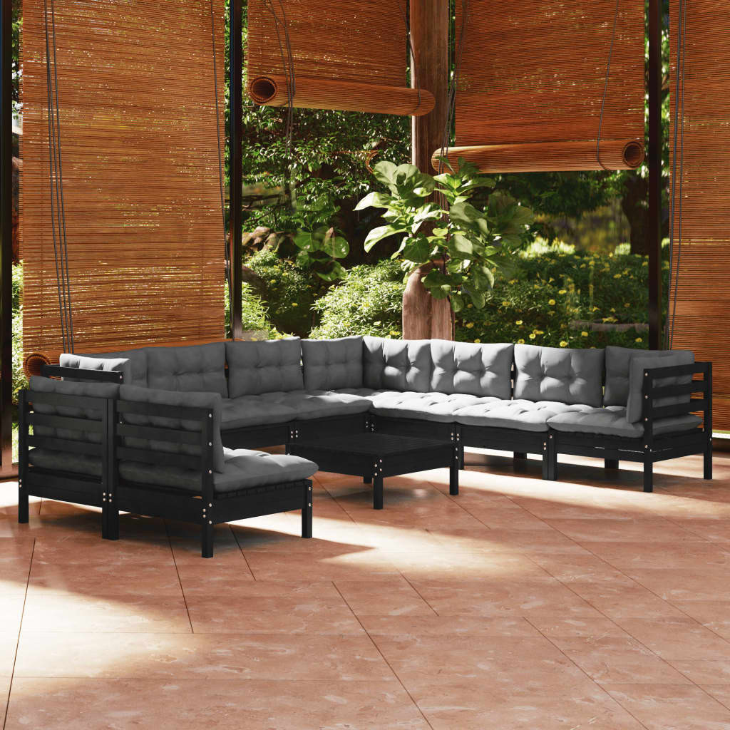 vidaXL 10-tlg. Garten-Lounge-Set mit Kissen Schwarz Massivholz Kiefer
