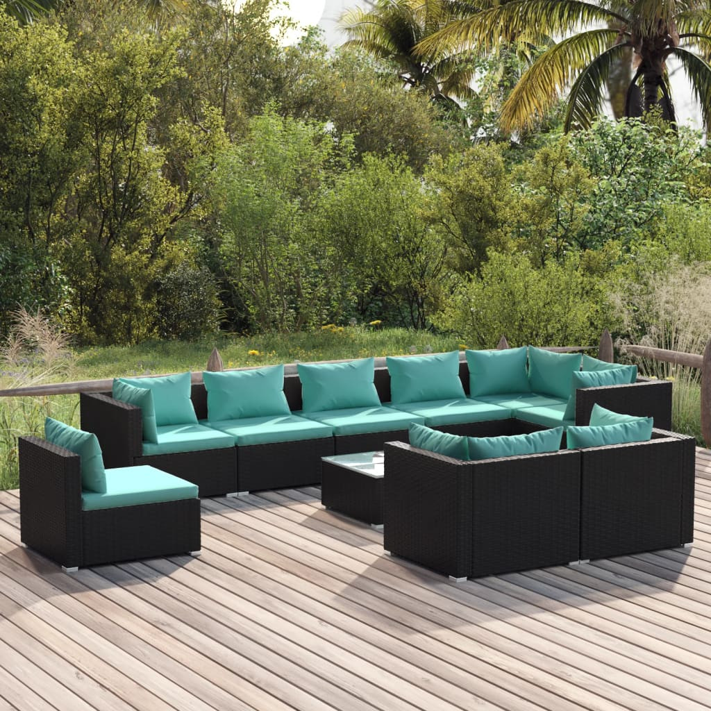 vidaXL 10-tlg. Garten-Lounge-Set mit Kissen Poly Rattan Schwarz
