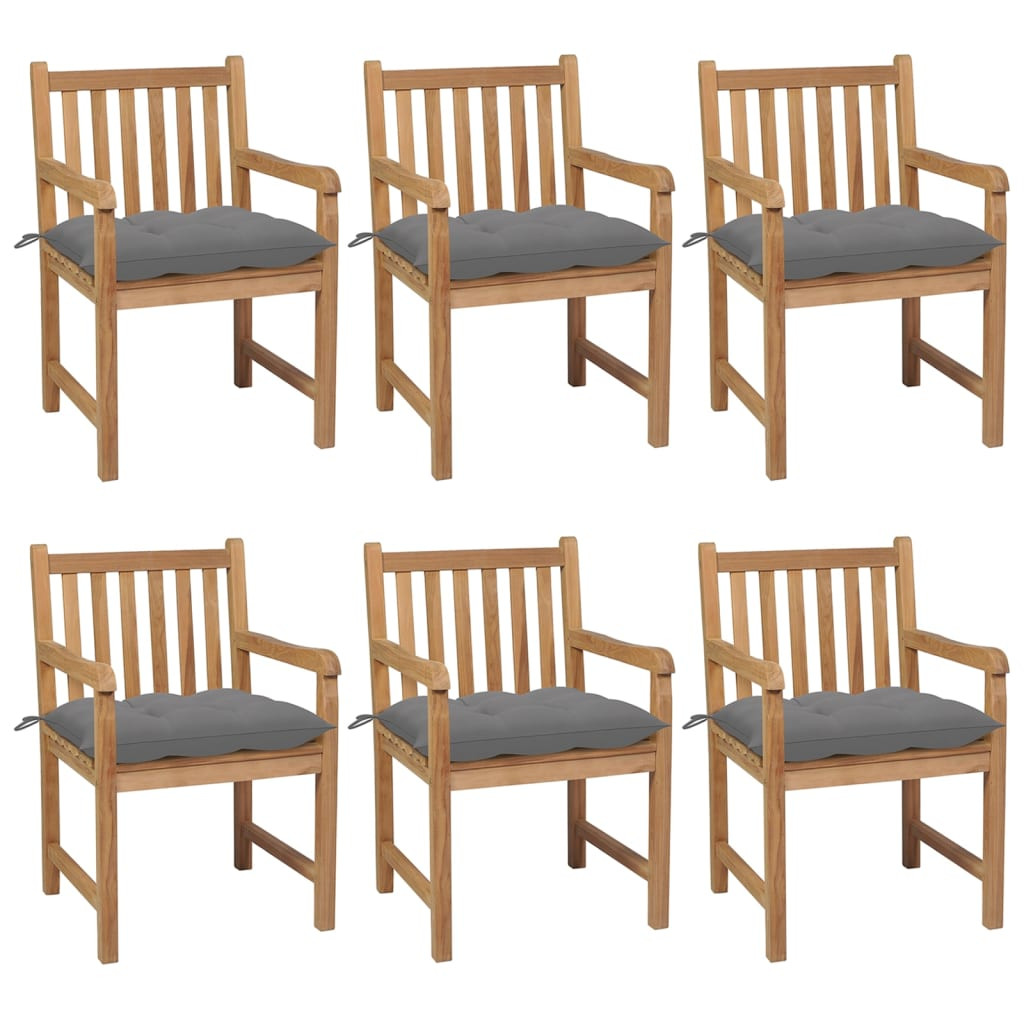 vidaXL Gartenstühle 6 Stk. mit Grauen Kissen Massivholz Teak