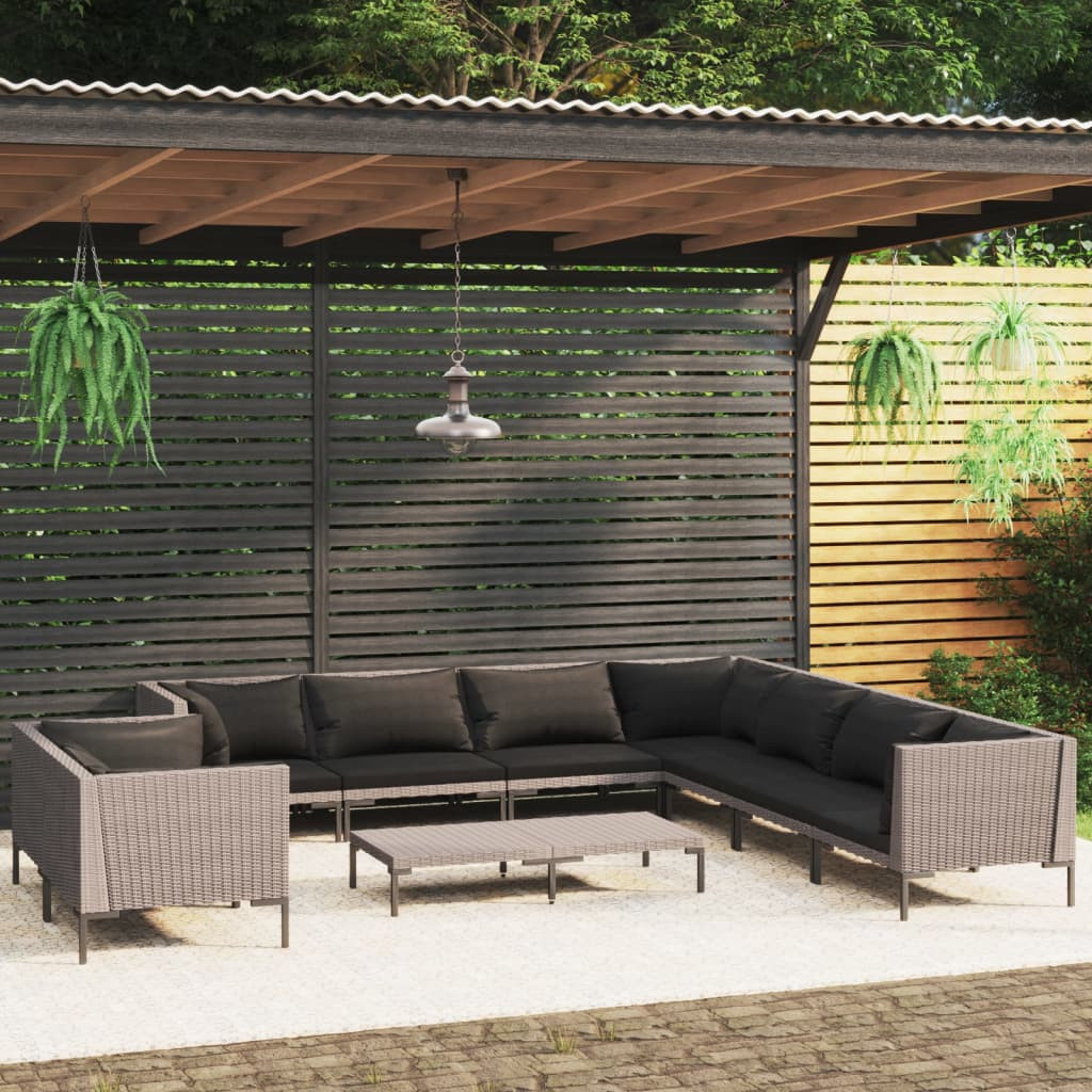 vidaXL 10-tlg. Garten-Lounge-Set mit Kissen Poly Rattan Dunkelgrau