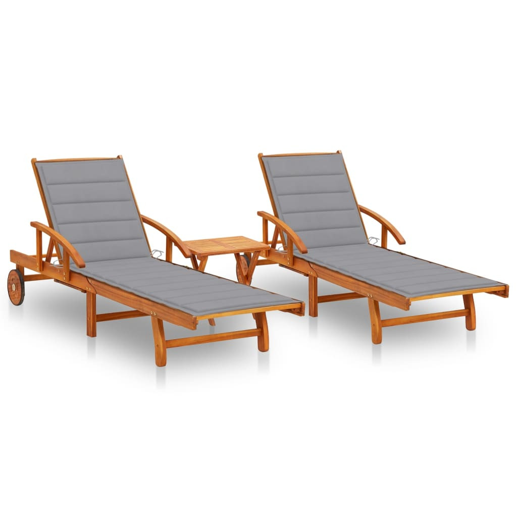 vidaXL Sonnenliegen 2 Stk. mit Tisch und Auflagen Massivholz Akazie