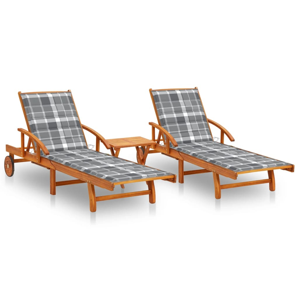 vidaXL Sonnenliegen 2 Stk. mit Tisch und Auflagen Massivholz Akazie