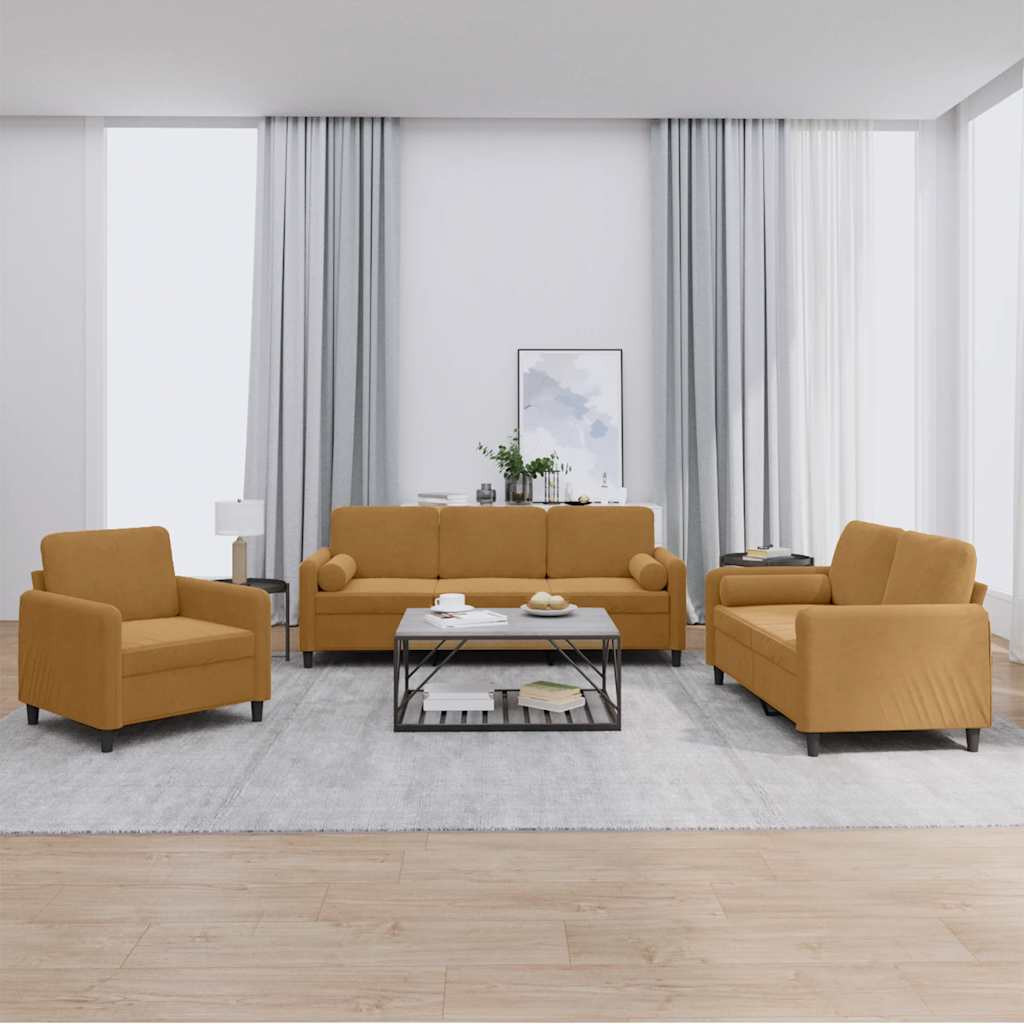 vidaXL 3-tlg. Sofagarnitur mit Kissen Braun Samt