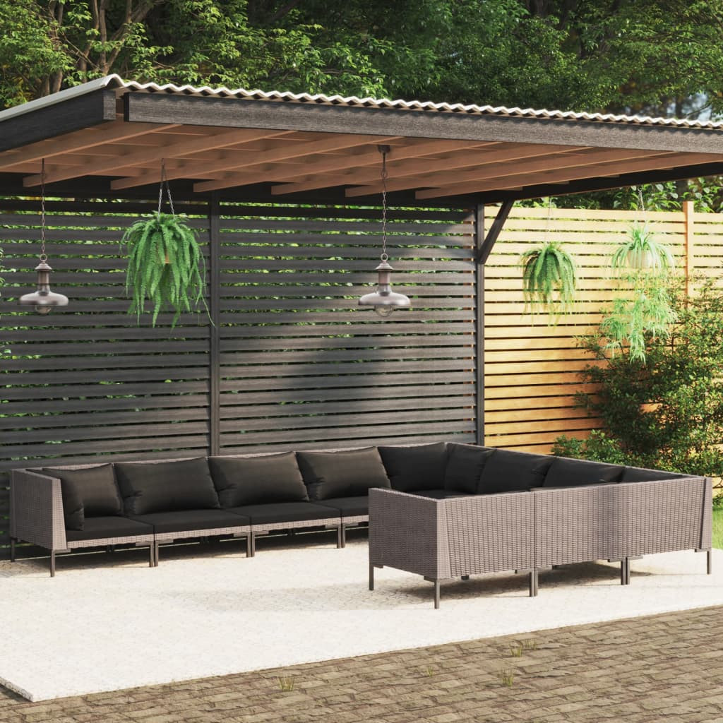 vidaXL 10-tlg. Garten-Lounge-Set mit Kissen Poly Rattan Dunkelgrau
