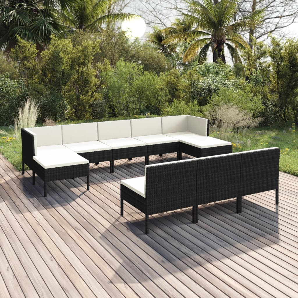 vidaXL 10-tlg. Garten-Lounge-Set mit Auflagen Poly Rattan Schwarz