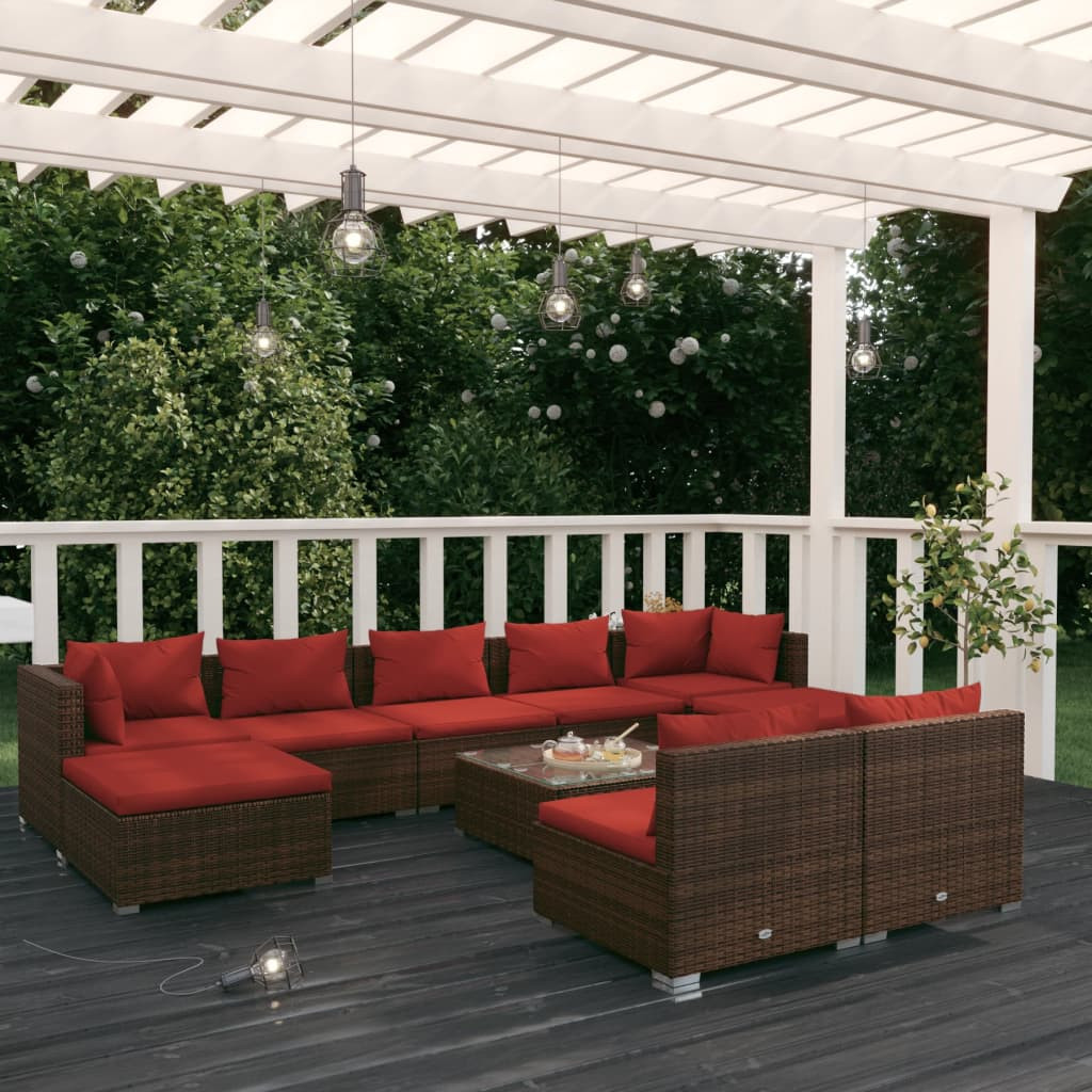 vidaXL 10-tlg. Garten-Lounge-Set mit Kissen Braun Poly Rattan