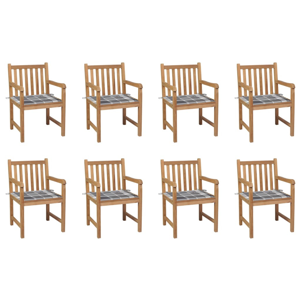 vidaXL Gartenstühle 8 Stk. Graue Karomuster-Kissen Massivholz Teak