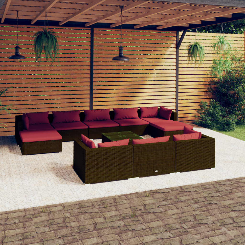 vidaXL 11-tlg. Garten-Lounge-Set mit Kissen Braun Poly Rattan