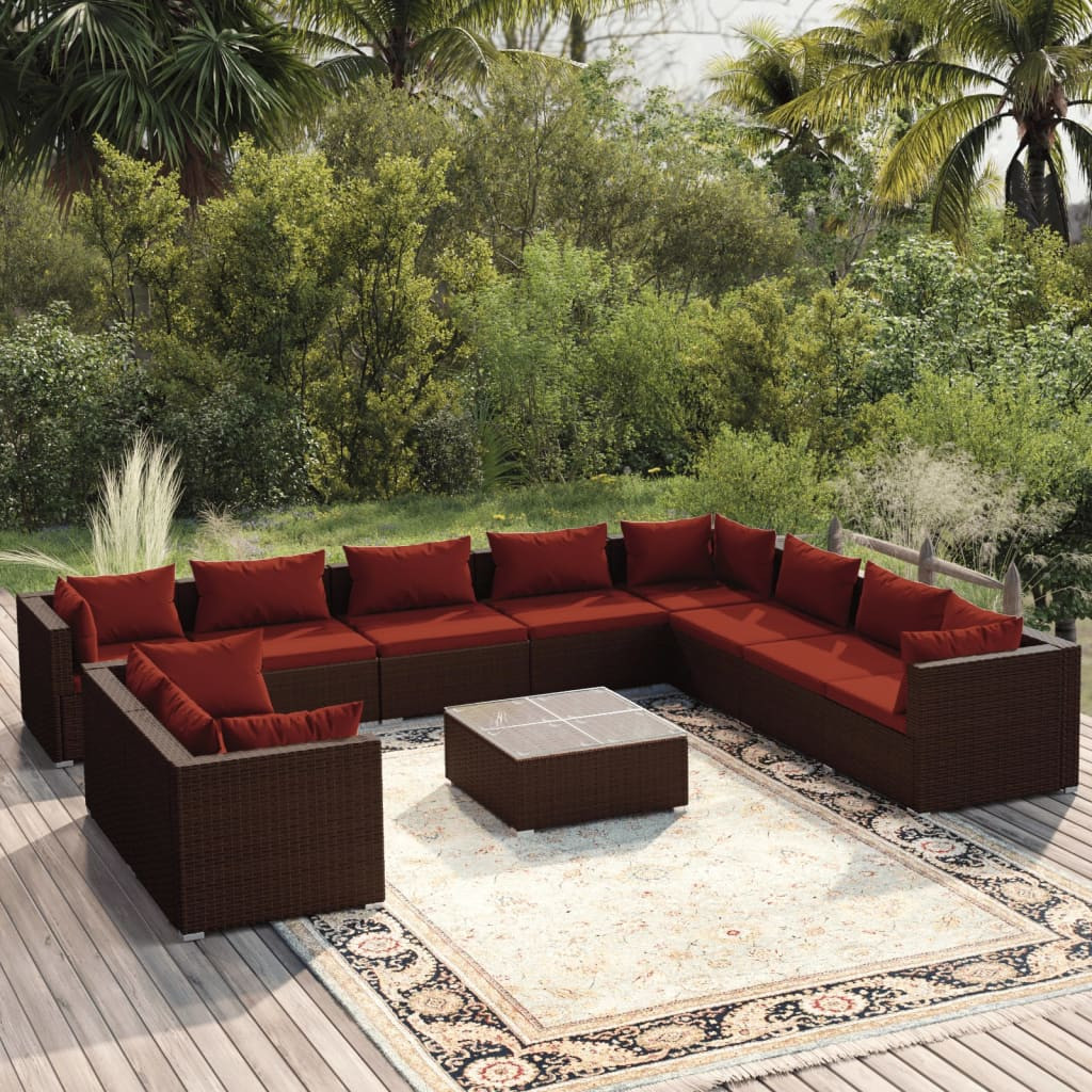 vidaXL 11-tlg. Garten-Lounge-Set mit Kissen Braun Poly Rattan