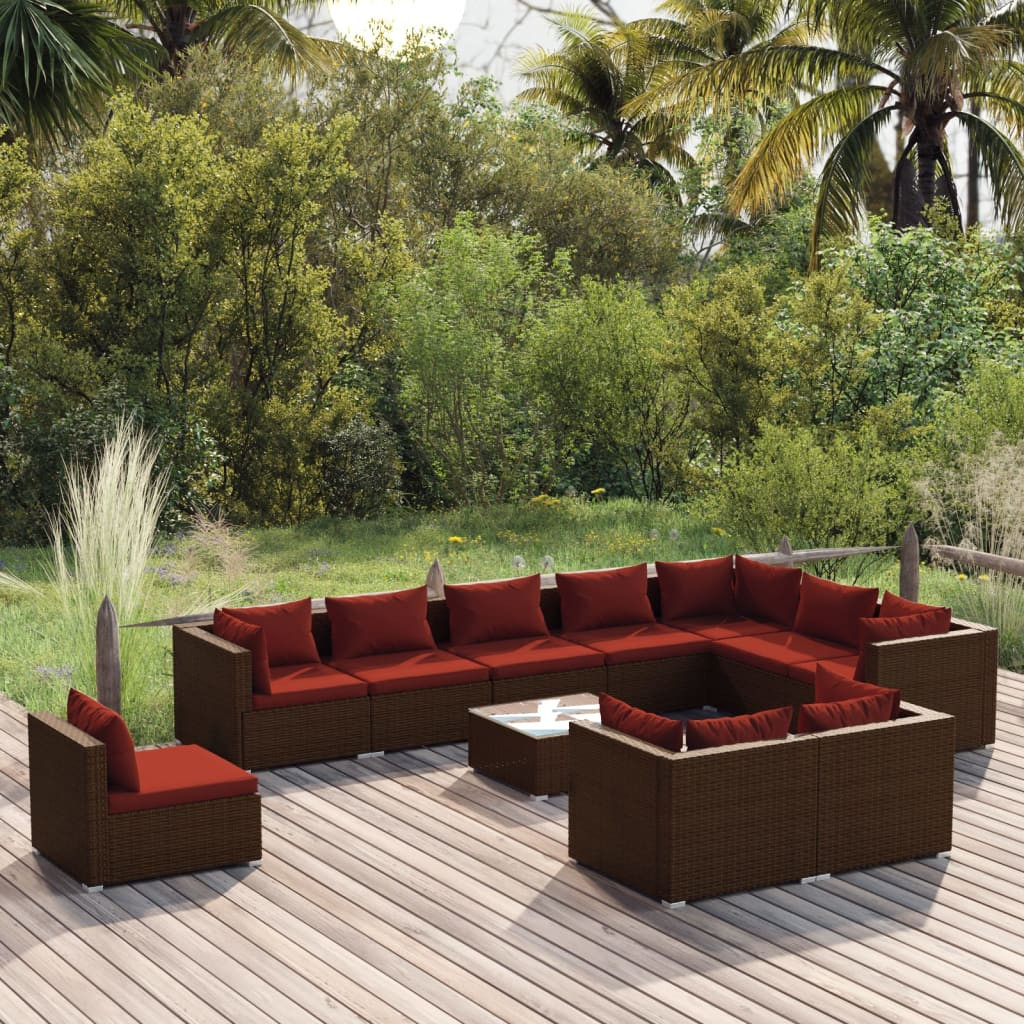 vidaXL 11-tlg. Garten-Lounge-Set mit Kissen Poly Rattan Braun