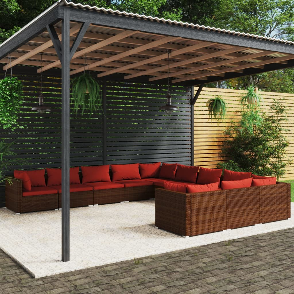 vidaXL 11-tlg. Garten-Lounge-Set mit Kissen Poly Rattan Braun