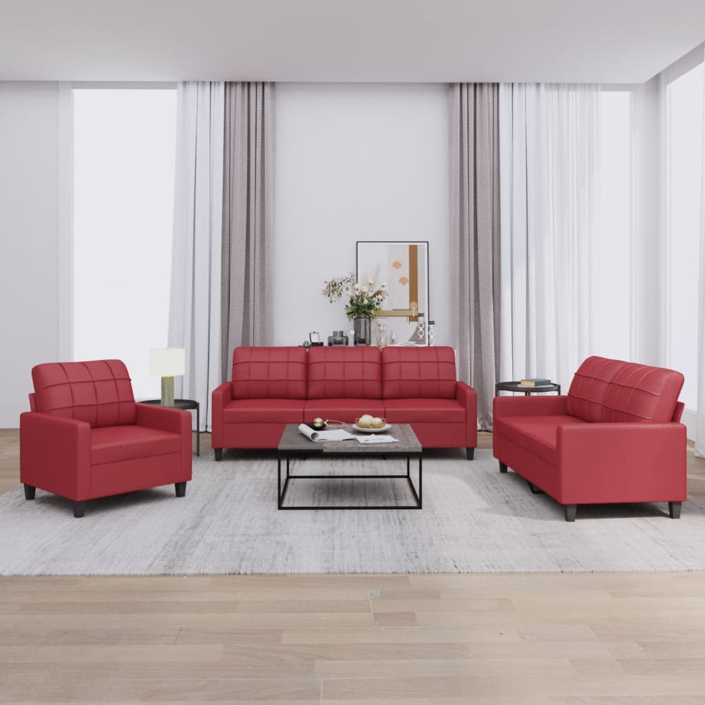 vidaXL 3-tlg. Sofagarnitur mit Kissen Weinrot Kunstleder
