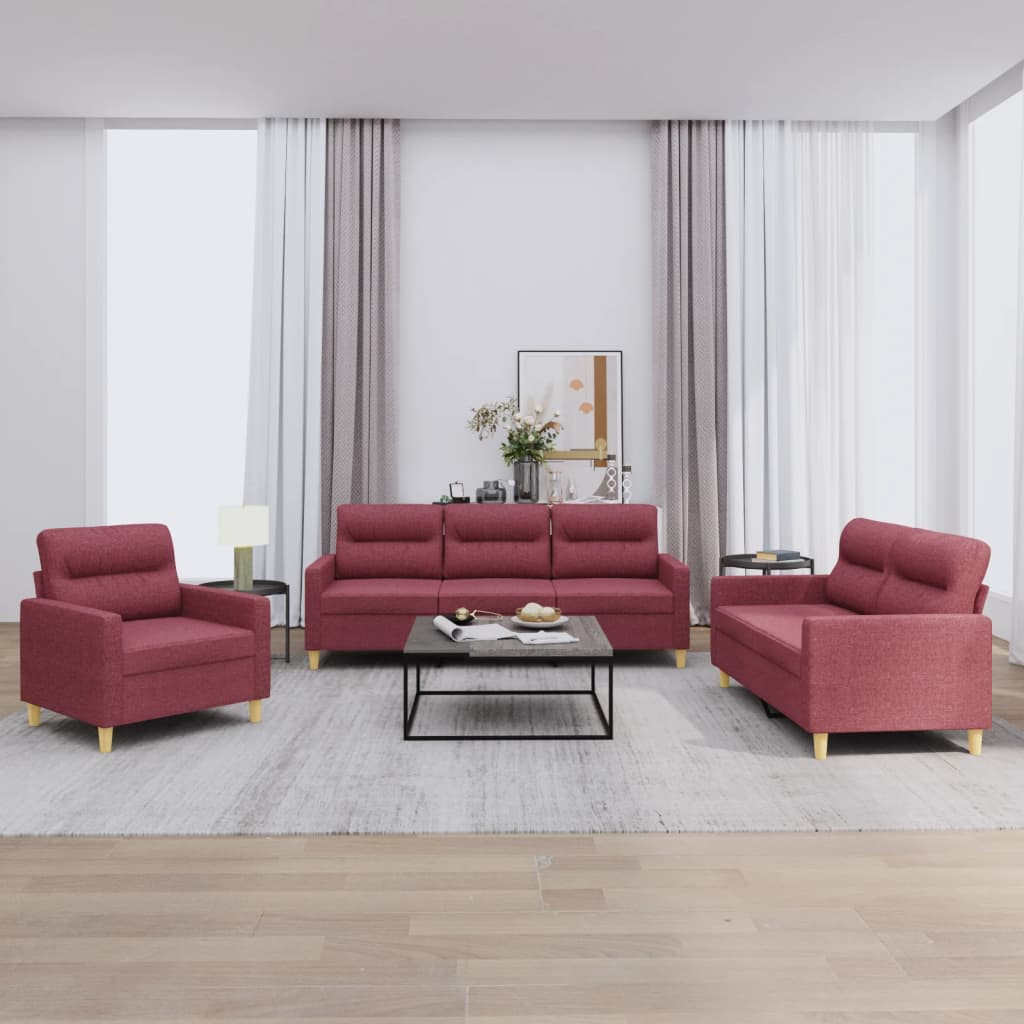 vidaXL 3-tlg. Sofagarnitur mit Kissen Weinrot Stoff