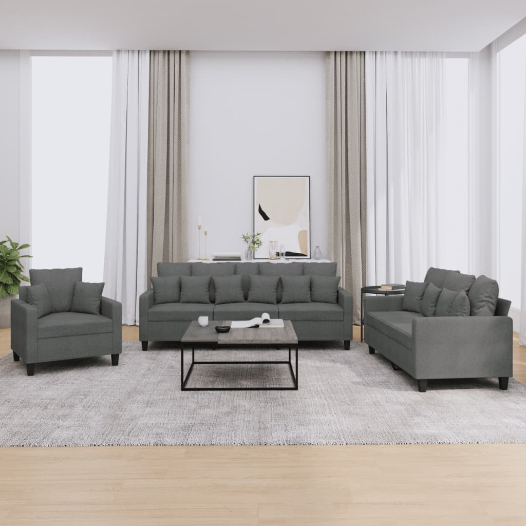 vidaXL 3-tlg. Sofagarnitur mit Kissen Dunkelgrau Stoff