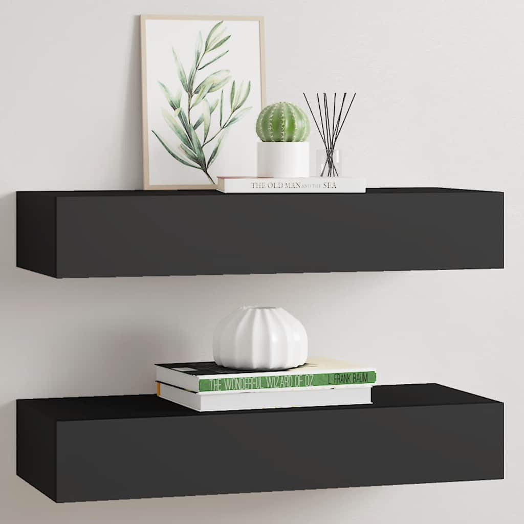 vidaXL Wandregale mit Schubladen 2 Stk. Schwarz 60x23,5x10 cm MDF