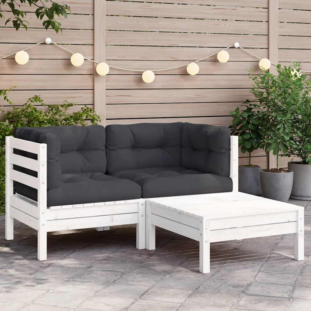 vidaXL 3-tlg. Garten-Lounge-Set mit Kissen in Weiß Kiefer Massivholz