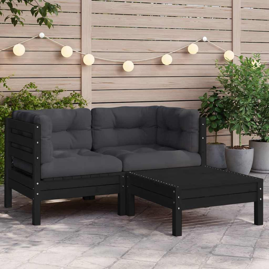 vidaXL 3-tlg. Garten-Lounge-Set mit Kissen Schwarz Massivholz Kiefer