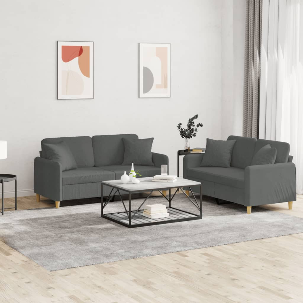 vidaXL 2-tlg. Sofagarnitur mit Kissen Dunkelgrau Stoff
