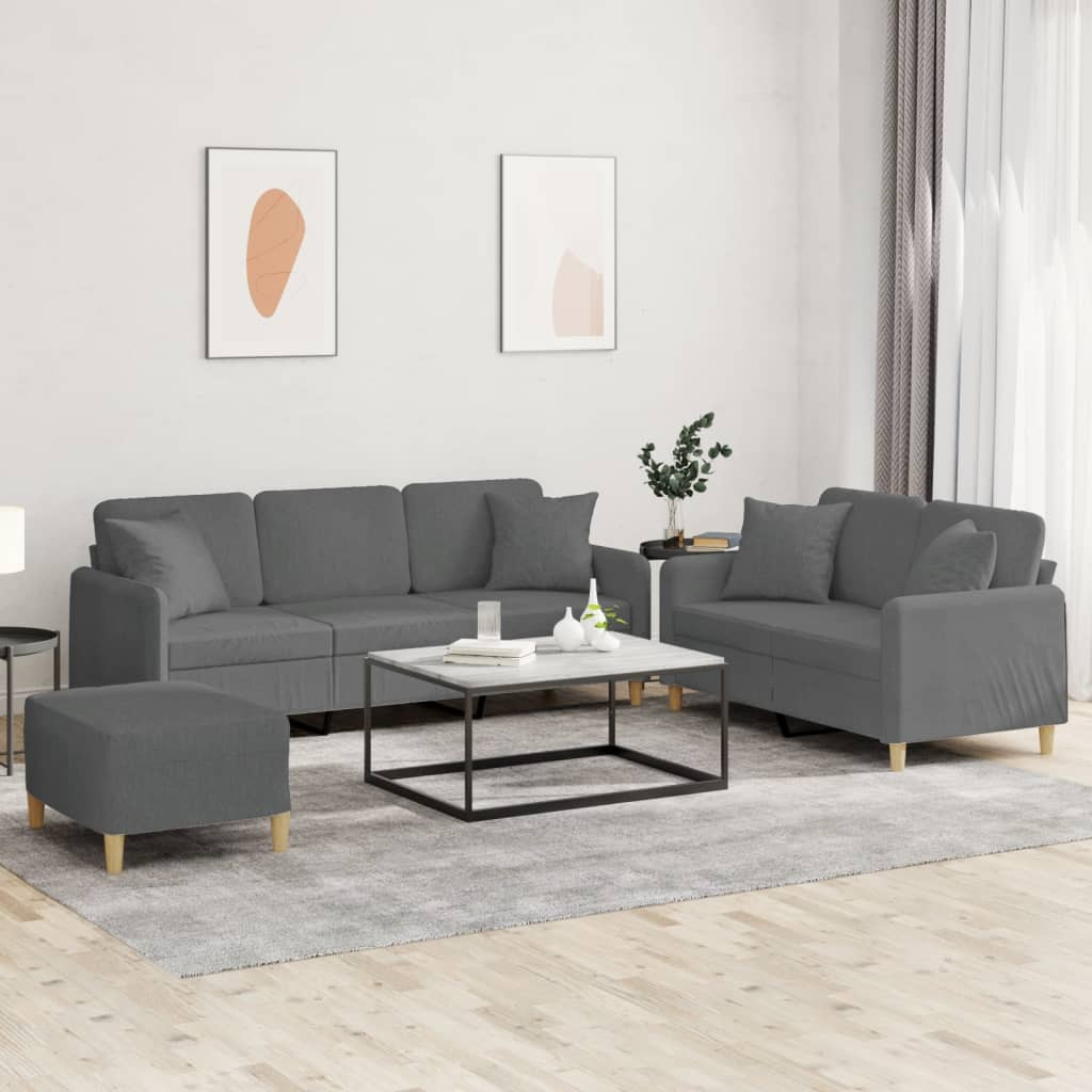vidaXL 3-tlg. Sofagarnitur mit Kissen Dunkelgrau Stoff