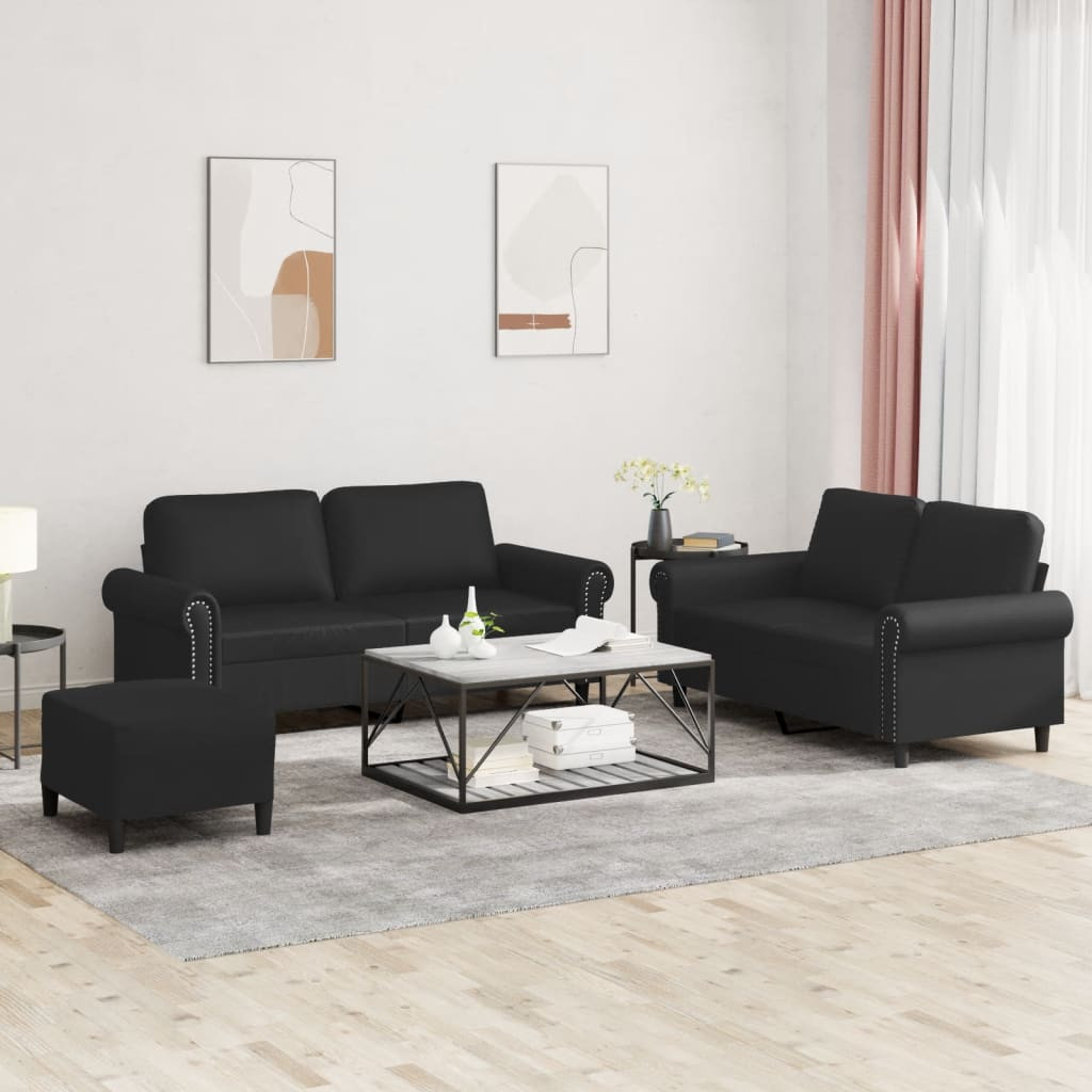vidaXL 3-tlg. Sofagarnitur mit Kissen Schwarz Kunstleder