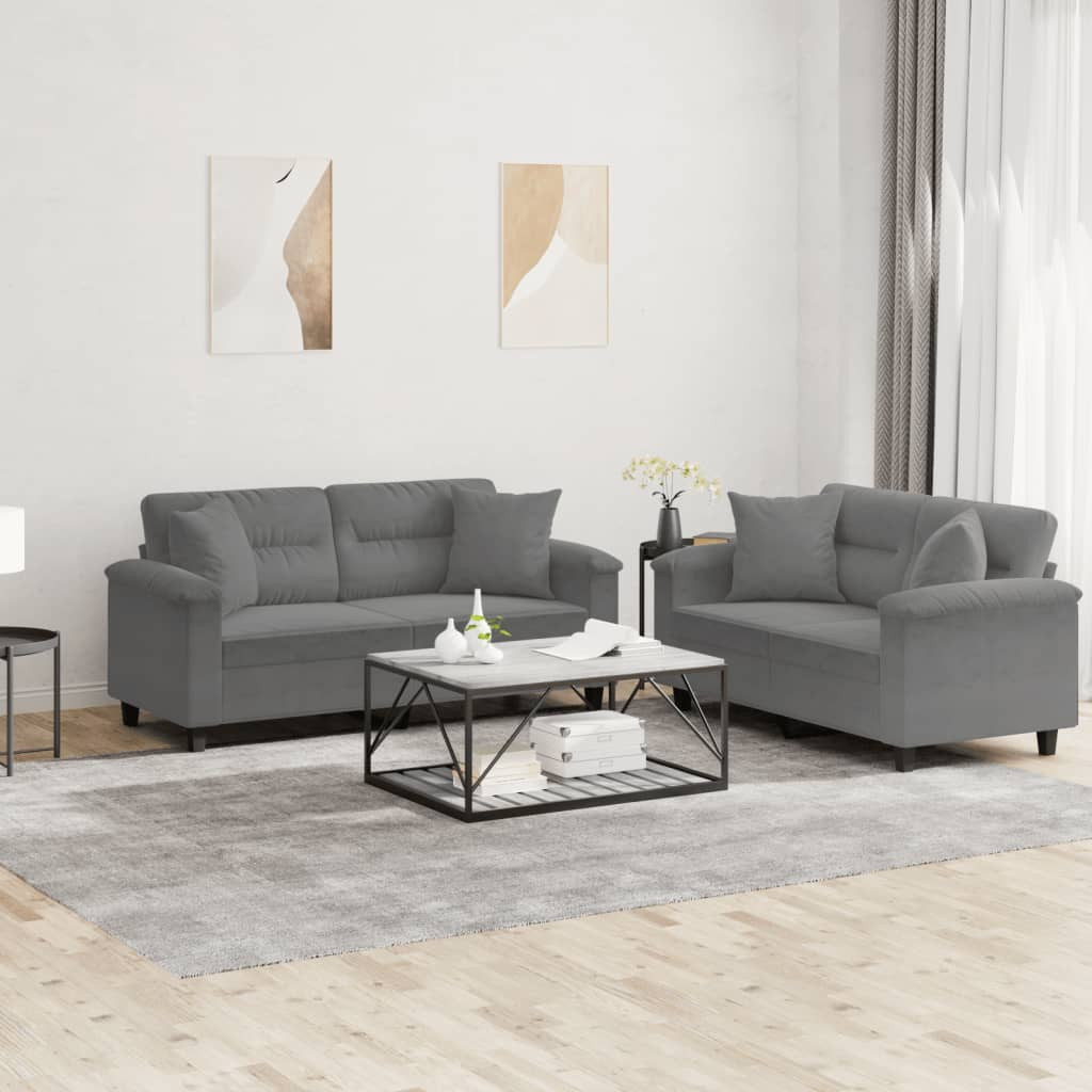 vidaXL 2-tlg. Sofagarnitur mit Kissen Dunkelgrau Mikrofasergewebe