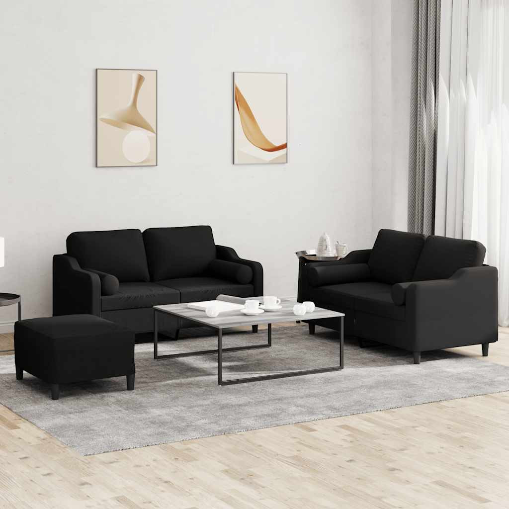 vidaXL 3-tlg. Sofagarnitur mit Kissen Schwarz Stoff