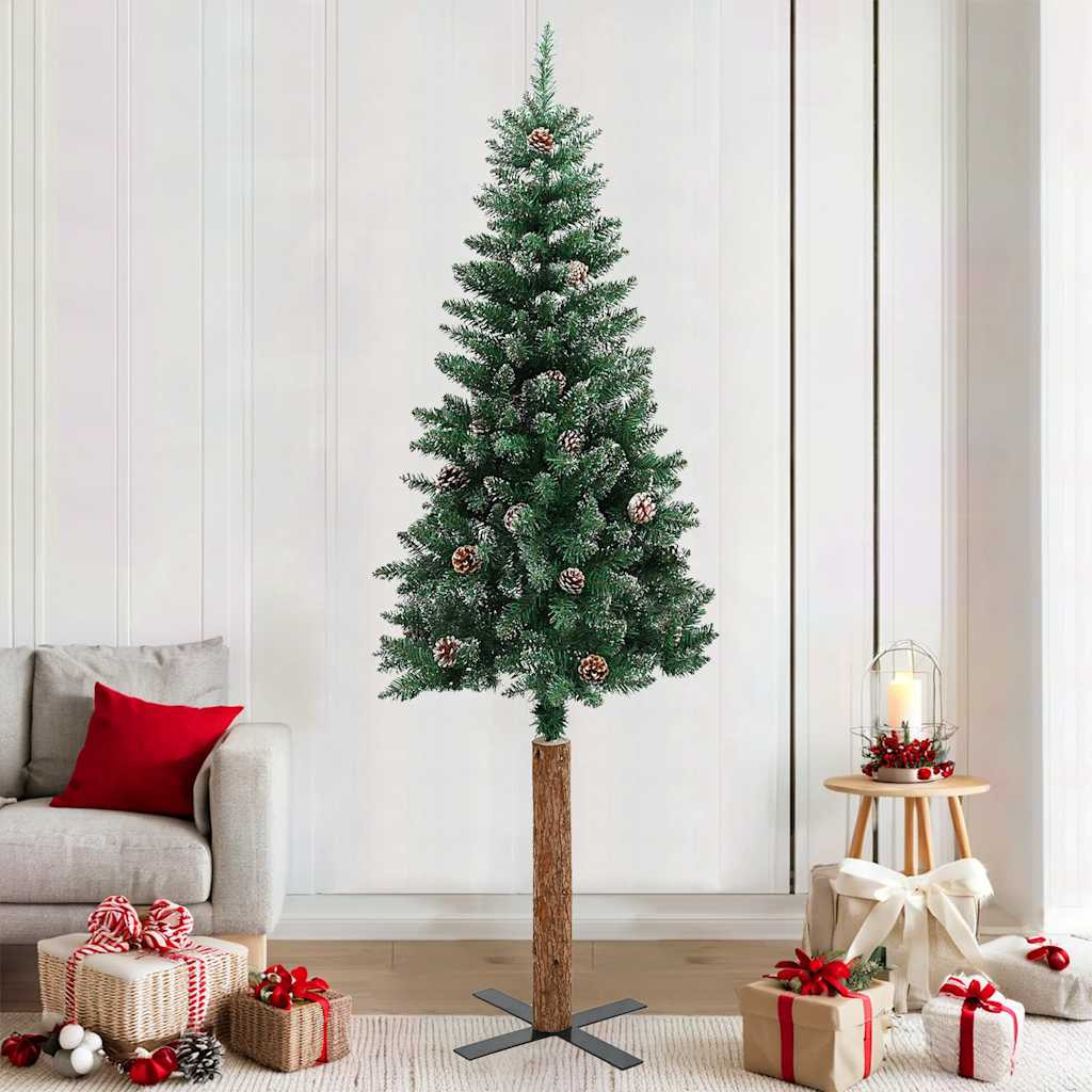 vidaXL Weihnachtsbaum Schlank mit Echtholz und Schnee Grün 210 cm