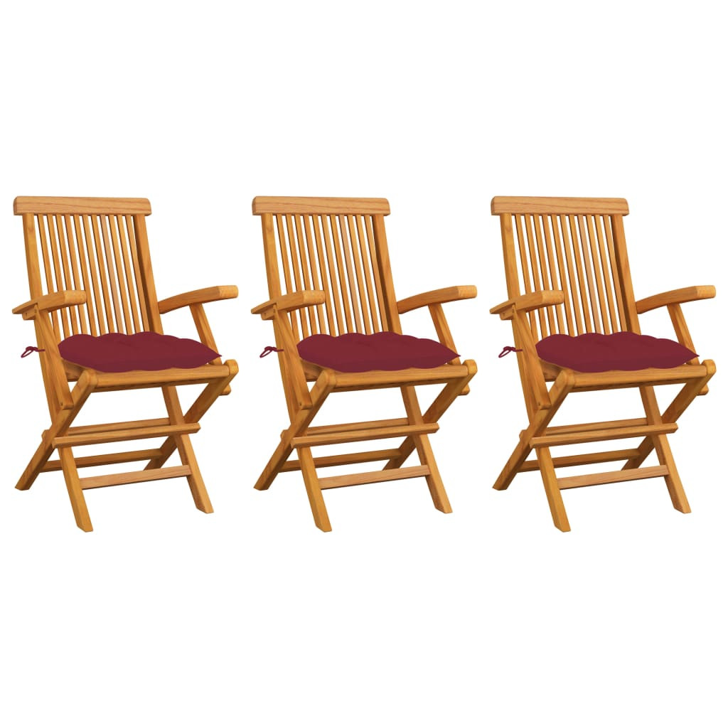 vidaXL Gartenstühle mit Weinroten Kissen 3 Stk. Massivholz Teak