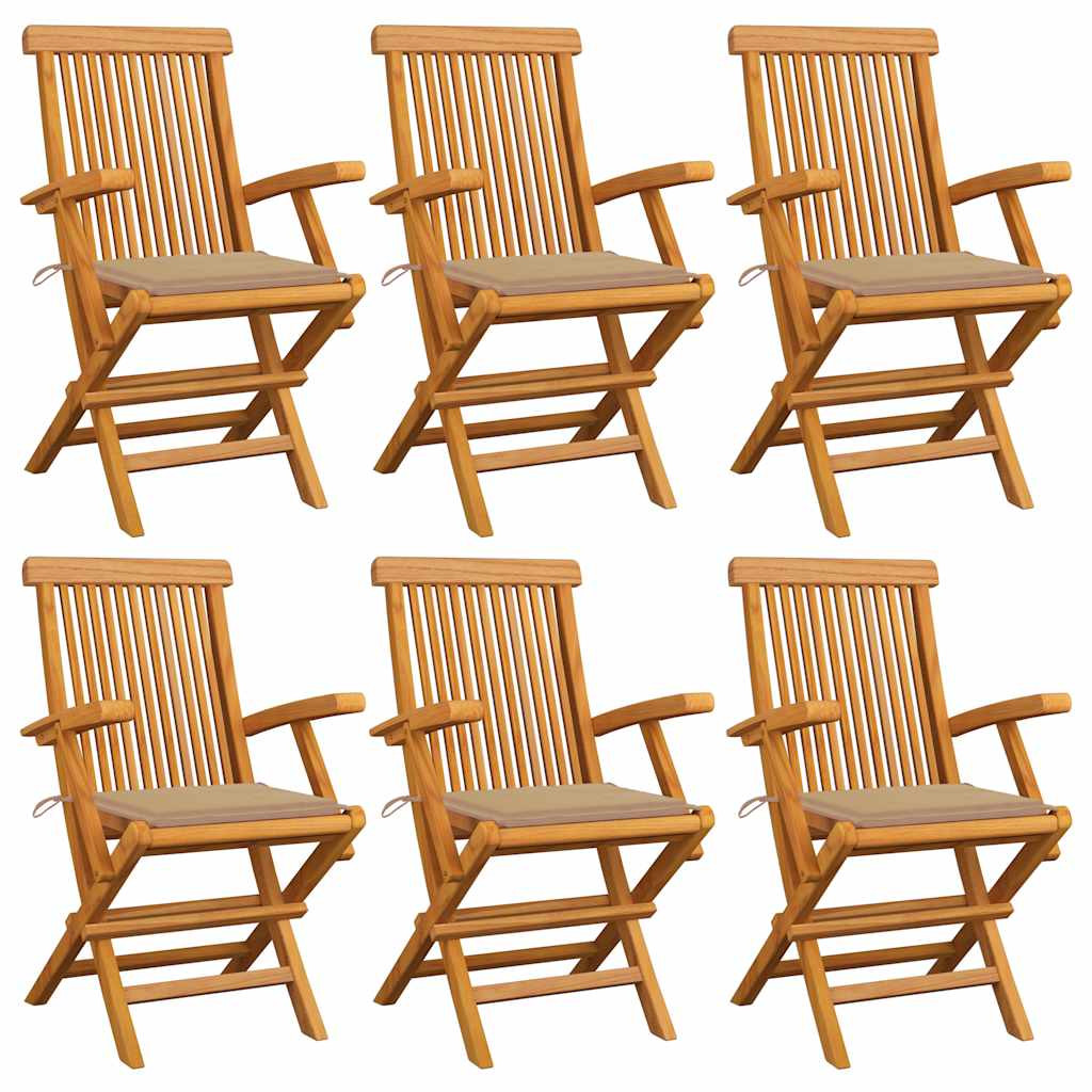 vidaXL Gartenstühle mit Beige Kissen 6 Stk. Massivholz Teak