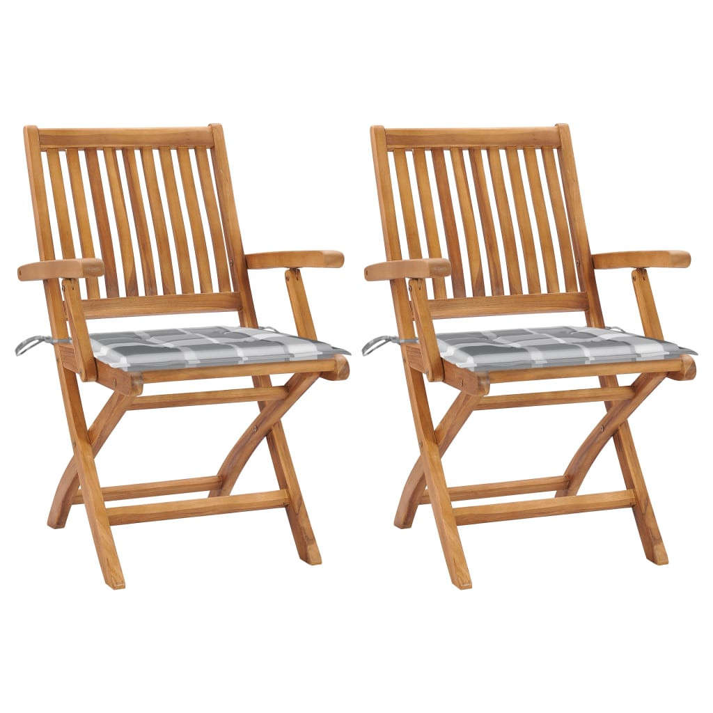 vidaXL Gartenstühle 2 Stk. Graue Karomuster-Kissen Massivholz Teak