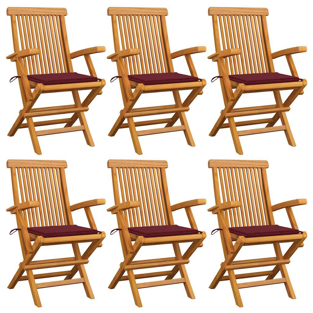 vidaXL Gartenstühle mit Weinroten Kissen 6 Stk. Massivholz Teak