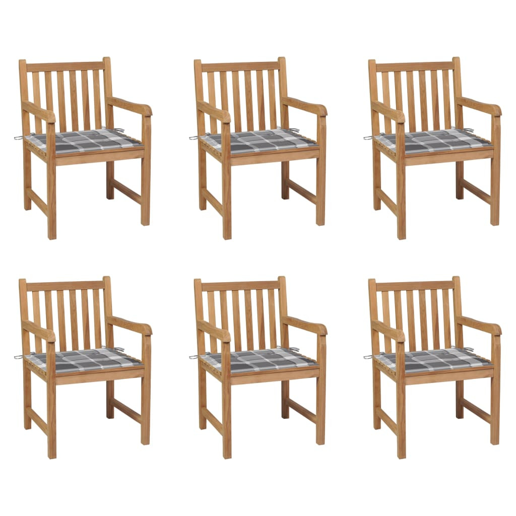vidaXL Gartenstühle 6 Stk. Graue Karomuster-Kissen Massivholz Teak