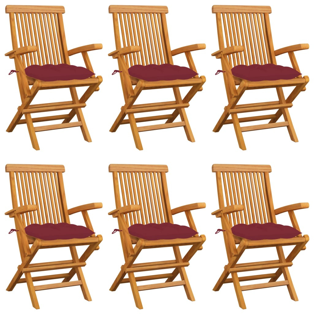 vidaXL Gartenstühle mit Weinroten Kissen 6 Stk. Massivholz Teak