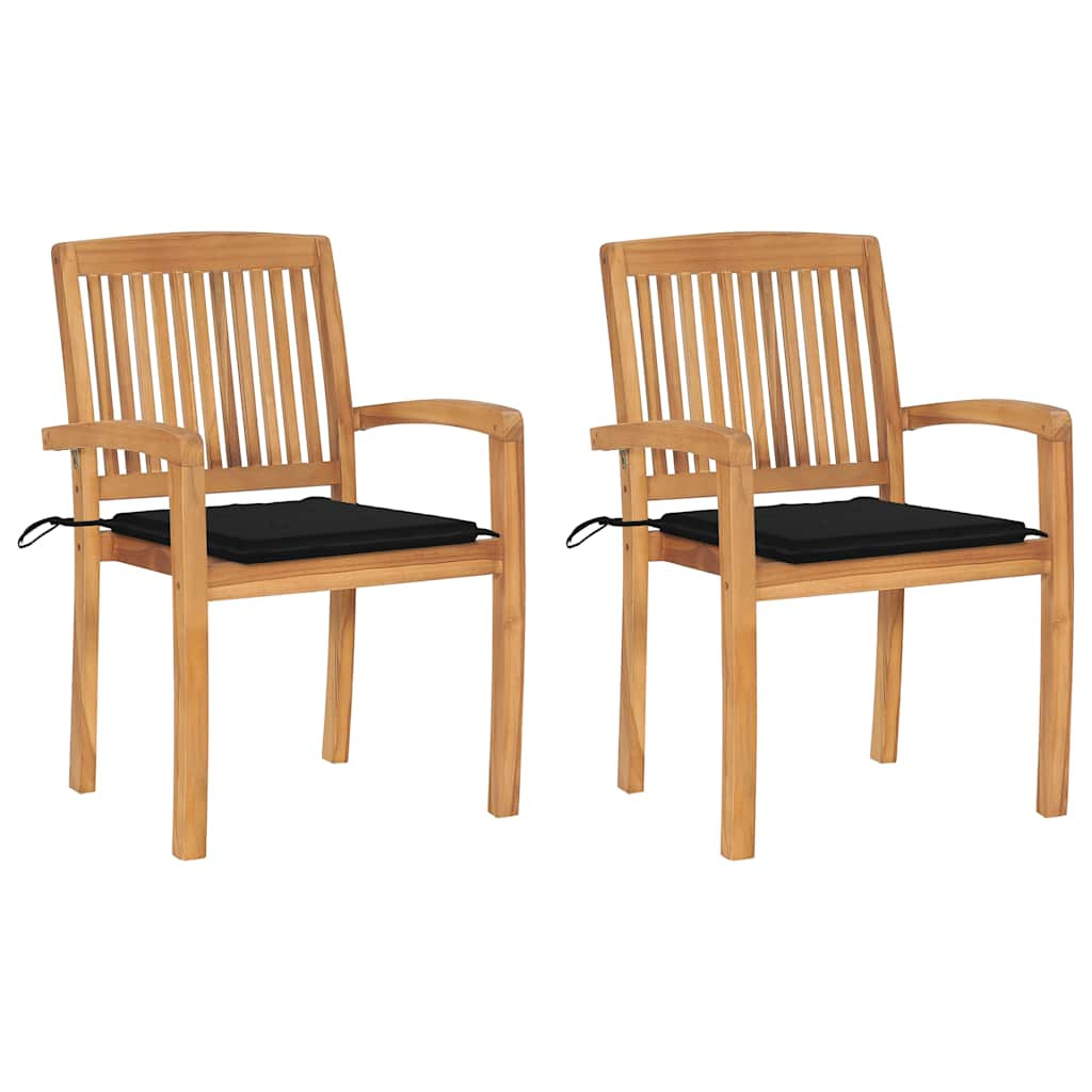 vidaXL Gartenstühle 2 Stk. mit Schwarzen Kissen Massivholz Teak