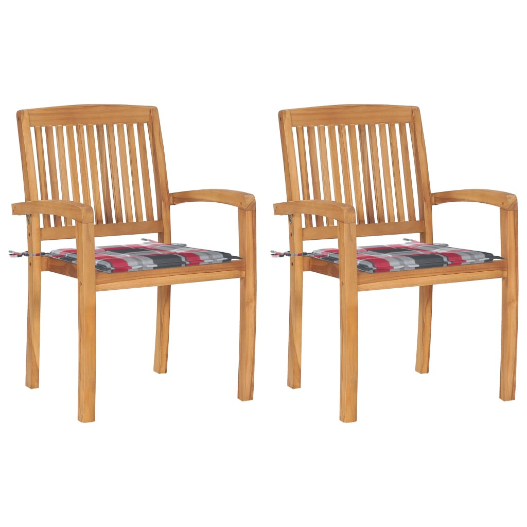 vidaXL Gartenstühle 2 Stk. Rote Karomuster Kissen Massivholz Teak