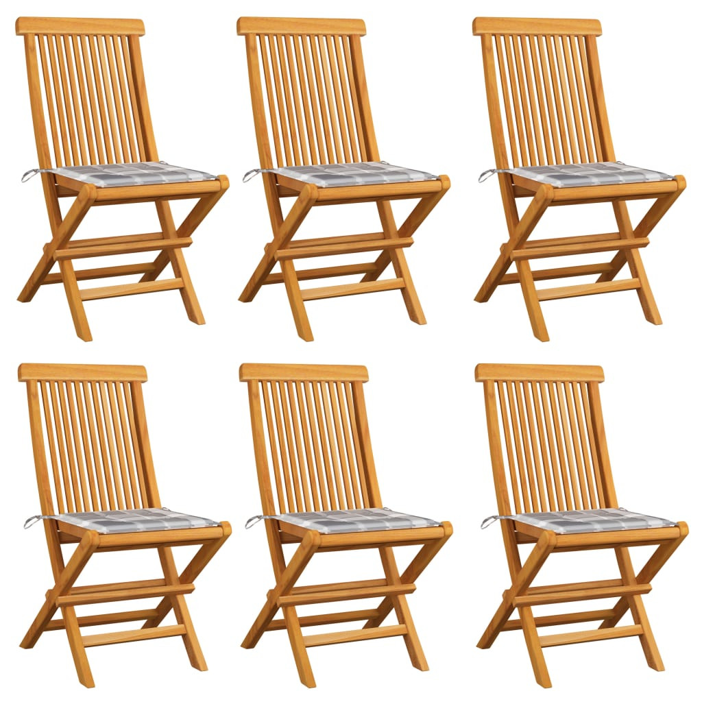 vidaXL Gartenstühle mit Kissen 6 Stk. Grau Karomuster Massivholz Teak