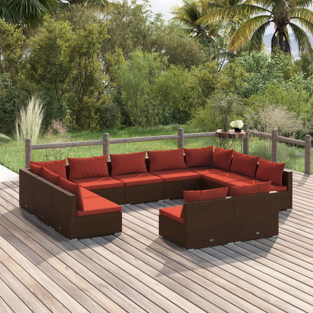 vidaXL 11-tlg. Garten-Lounge-Set mit Kissen Braun Poly Rattan