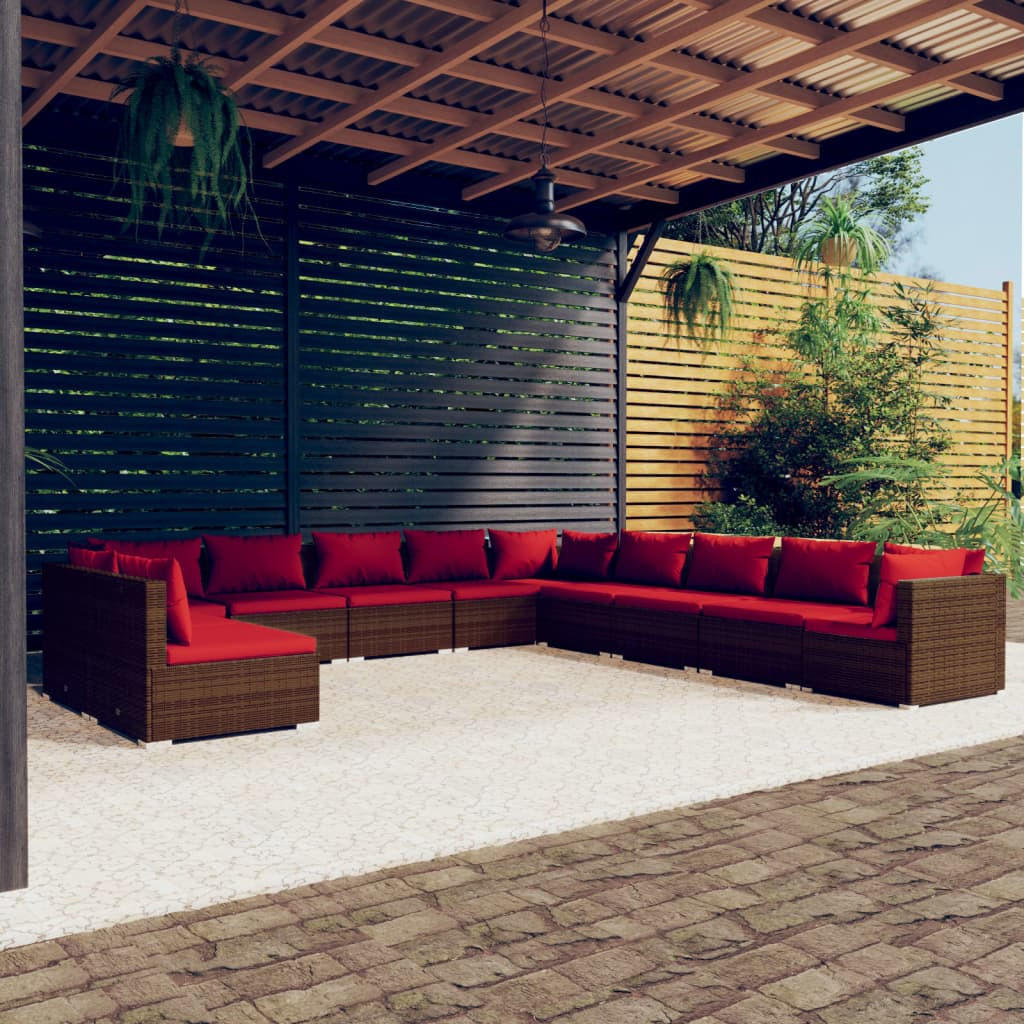 vidaXL 11-tlg. Garten-Lounge-Set mit Kissen Braun Poly Rattan