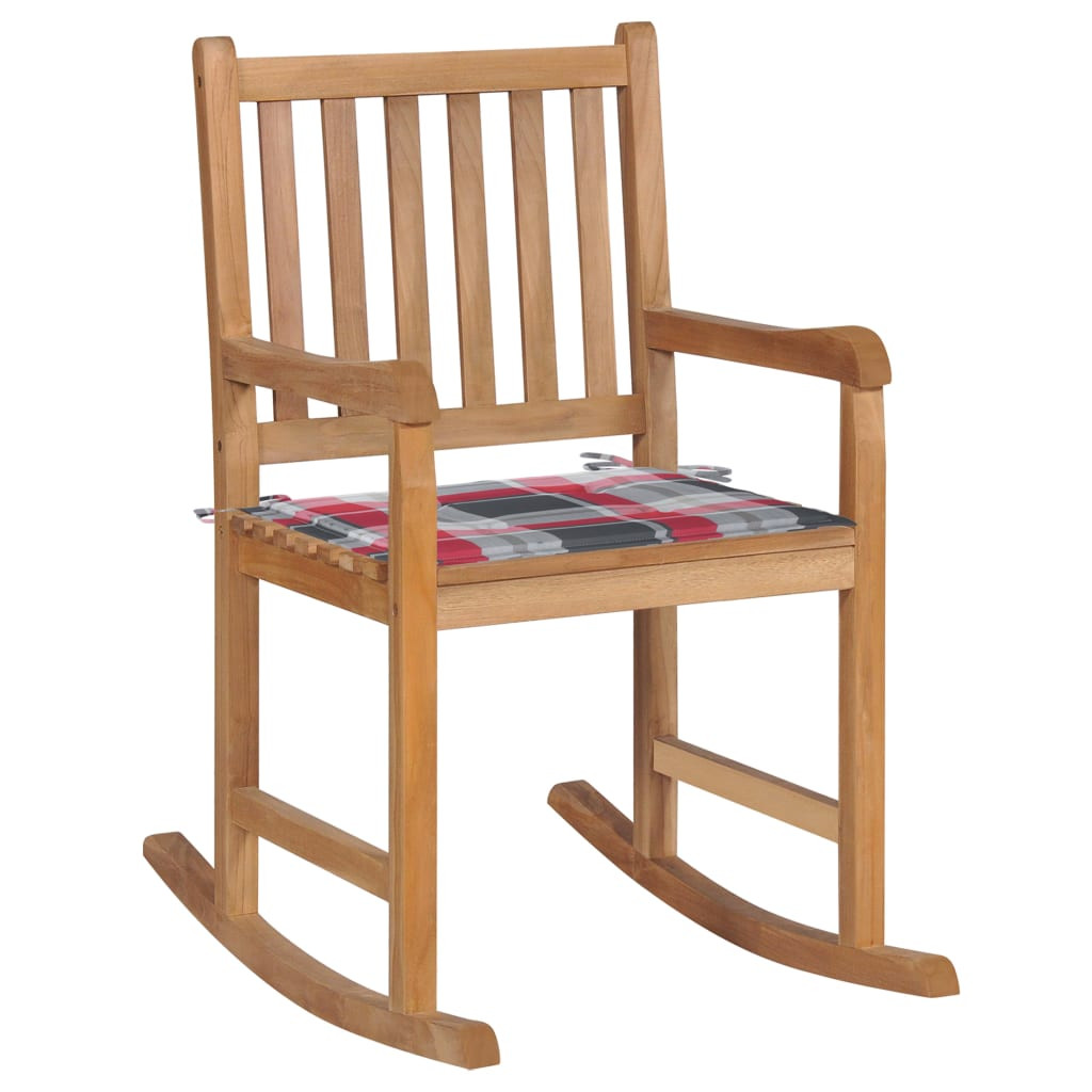 vidaXL Schaukelstuhl mit Rotem Karomuster-Kissen Massivholz Teak